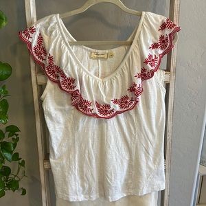 White 100% cotton Anthropologie blouse with red ruffle neckline detail